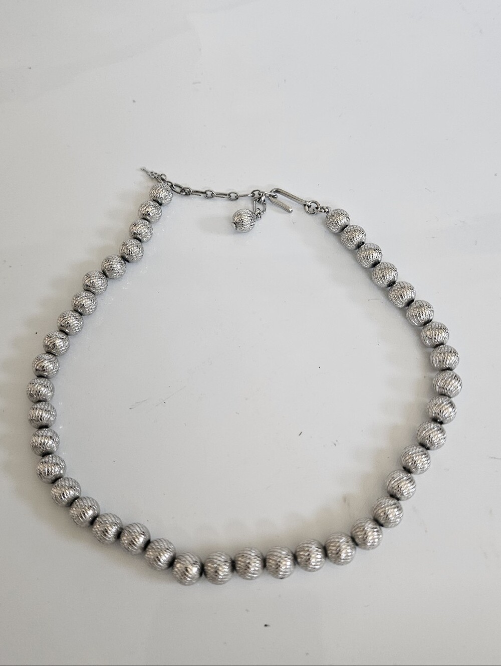 Trifari Crown Vintage Textured Silvertone Bead Strand Necklace Choker Adjustable